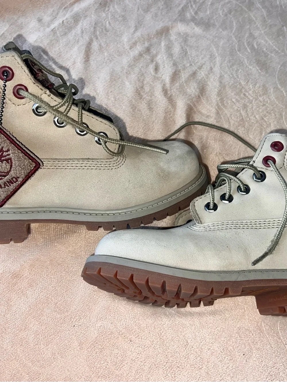 Kids size 13c Timberland Beige Boots with Maroon / Burgundy color Accents
